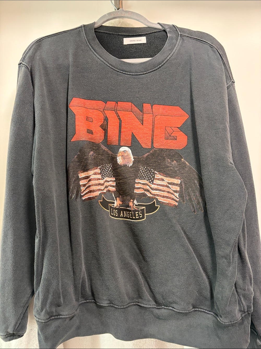 Anine Bing Charcoal Crewneck with Red BING Eagle Graphic